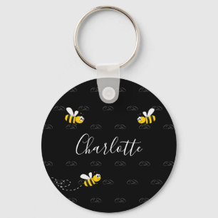 Black happy bumble bees summer fun humour monogram keychain