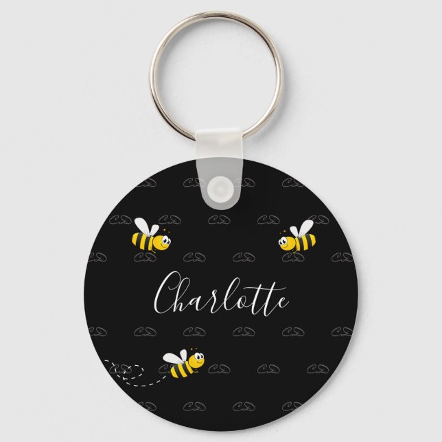 Black happy bumble bees summer fun humour monogram keychain (Front)