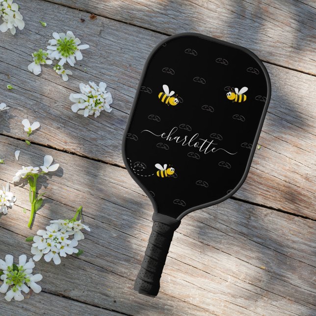 Black happy bumble bees summer fun humour monogram pickleball paddle (Creator Uploaded)
