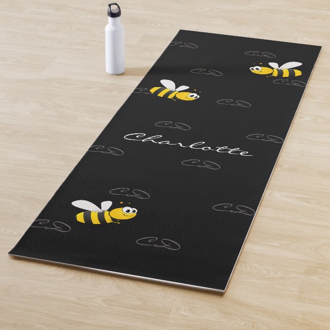 Black happy bumble bees summer fun humour monogram yoga mat (In Situ)