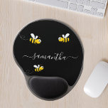 Black happy bumble bees summer fun humour name gel mouse pad<br><div class="desc">Decorated with happy,  smiling yellow and black  bumblebees. A chic black background. Personalize and add a name. The name is written with a modern hand lettered stylie script with swashes. To keep the swashes only delete the sample name,  leave the spaces or emoji's in front and after the name.</div>