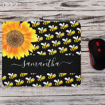 Black happy bumble bees sunflower monogram script mouse pad<br><div class="desc">Decorated with happy, smiling yellow and black bumble bees and a large watercolored sunflower. A chic black background. Personalize and add a name. The name is written with a modern hand lettered stylie script with swashes. To keep the swashes only delete the sample name, leave the spaces or emoji's in...</div>
