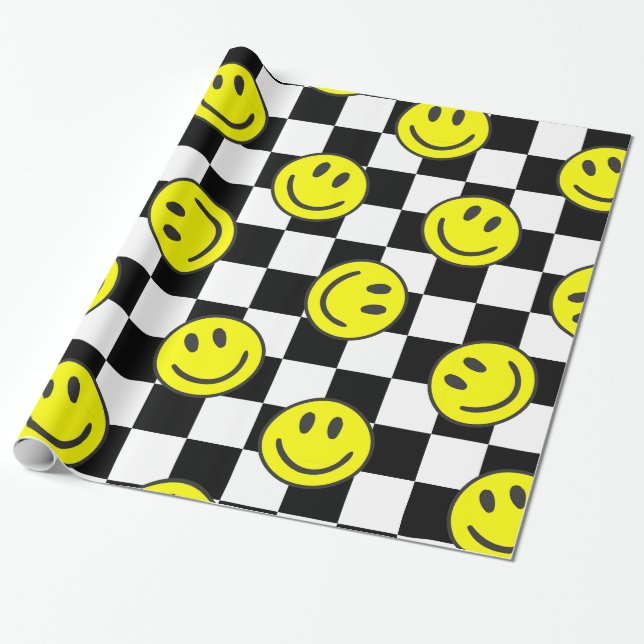 black happy face check groovy wrapping paper (Unrolled)
