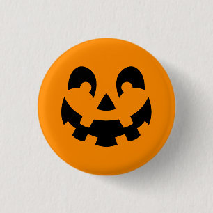 Black Happy Halloween Pumpkin Face Shape On Orange 1 Inch Round Button
