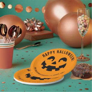 Black Happy Halloween Pumpkin Face Shape On Orange Paper Plate