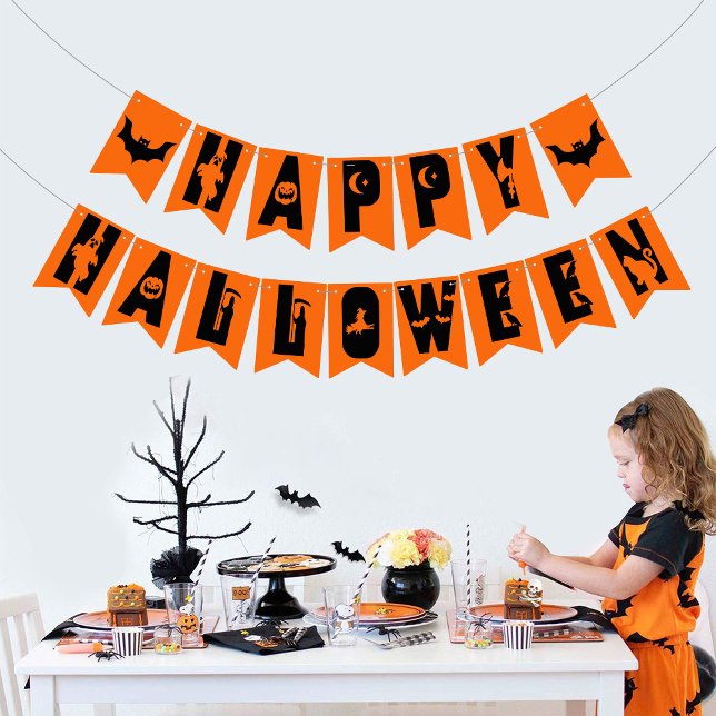 Black Happy Halloween Text Bat Orange Background Bunting Flags (Creator Uploaded)
