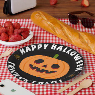 Black Happy Halloween Trick or Treat Paper Plate