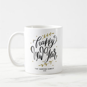 Black Happy New Year Modern Calligraphy Wreath Coffee Mug