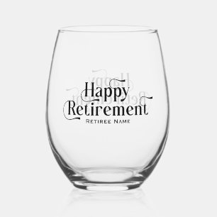 Black Happy Retirement Retro Typography Stemless Wine Glass
