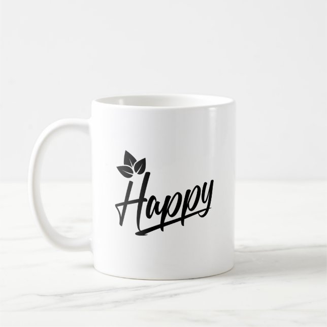 Black "Happy" Simple Text Coffee Mug (Left)