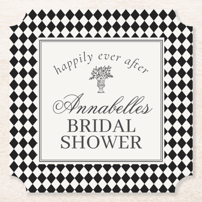 Black Harlequin Checkered Bridal Shower Paper Coaster (Front)
