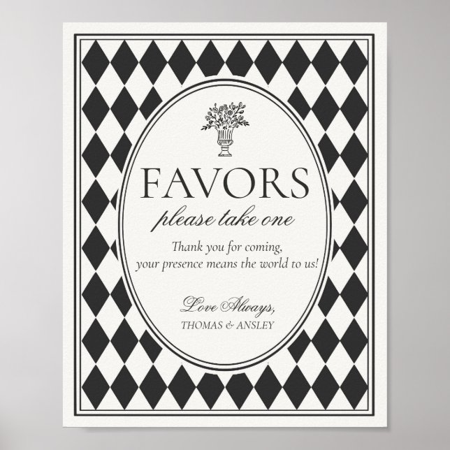 Black Harlequin Checkered Wedding Favors Sign (Front)