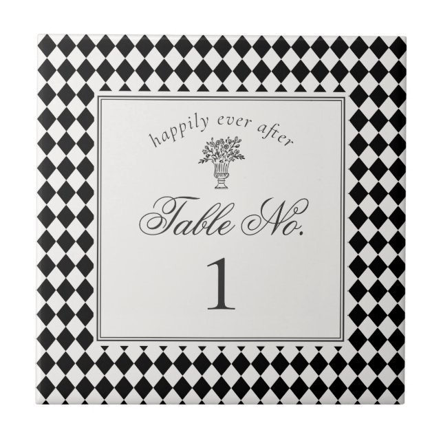 Black Harlequin Checkered Wedding Table Number Tile (Front)