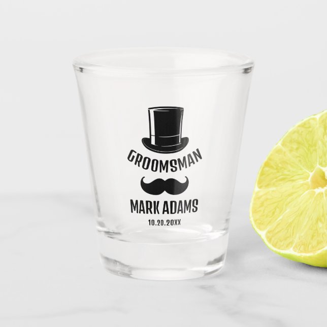 Black Hat Moustache Gentleman Vintage Groomsmen Shot Glass (Front)