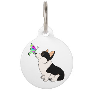 Black Headed Welsh Corgi with Butterfly Pet Tag
