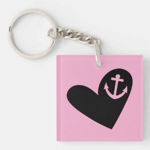 Black Heart Anchor Pink Square Acrylic Keychain