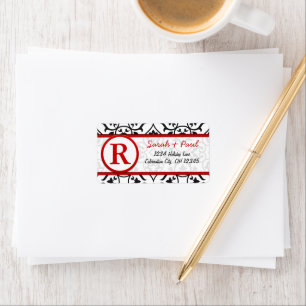 Black Heart Damask Red Font Return Address Label