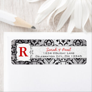 Black Heart Damask Red Font Return Address Label