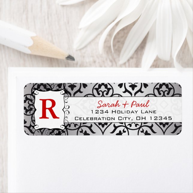 Black Heart Damask Red Font Return Address Label (Insitu)