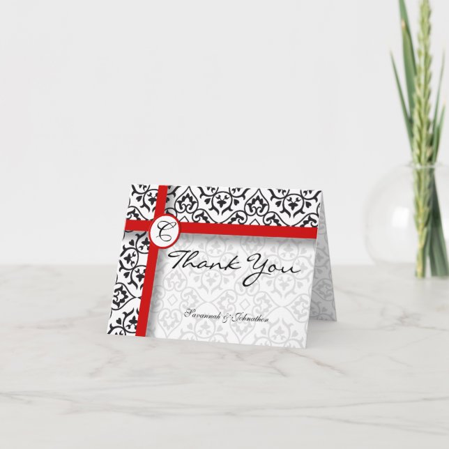 Black Heart Damask SideBorders Thank You Card (Front)