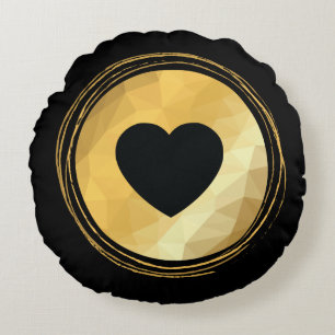 Black heart,golden geometric round pillow
