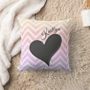 Black Heart on Ombre Chevron Stripe Throw Pillow