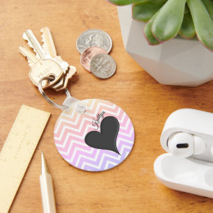 Black Heart on Ombre Chevron Stripe with Name Keychain