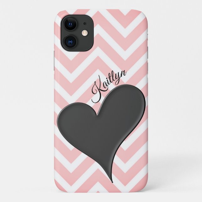 Black Heart on Pink Chevron Stripe Phone Case (Back)