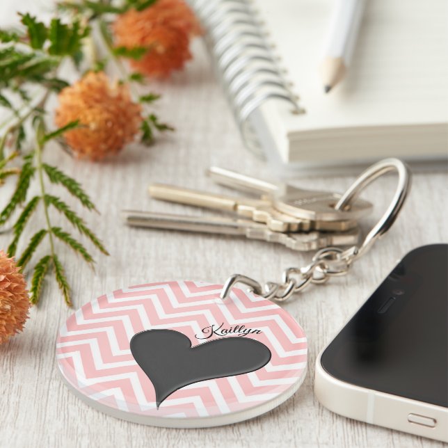 Black Heart on Pink Chevron Stripe with Name Keychain (Front Right)