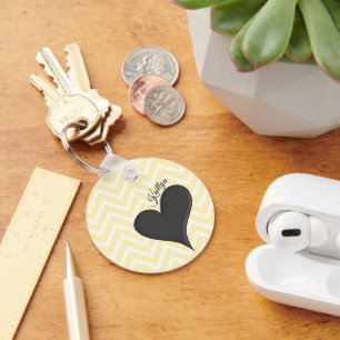 Black Heart on Yellow Chevron Stripe with Name Keychain