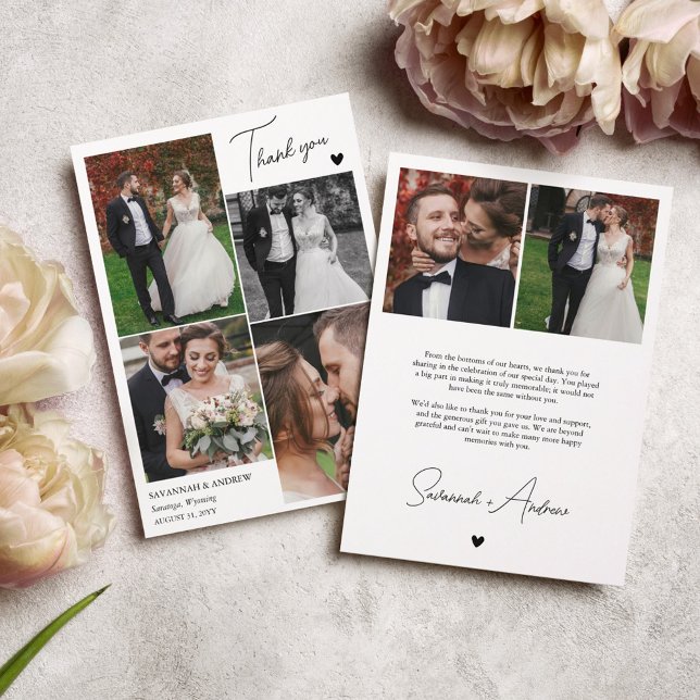 Black Heart Romantic Wedding Photos Thank You Note Card (Creator Uploaded)