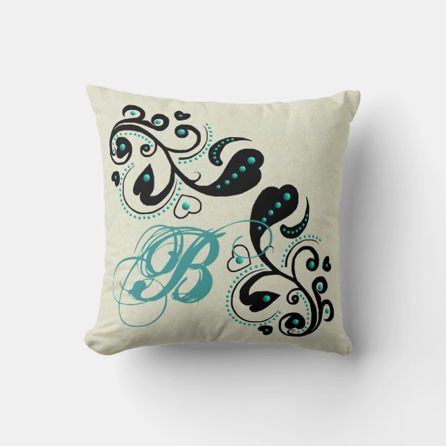 Black Heart Scroll & Turquoise Beading Pillows (Front)