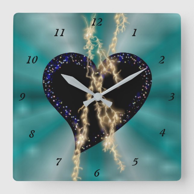 Black Heart with Flasch and Stars on Rainbow Square Wall Clock (Front)