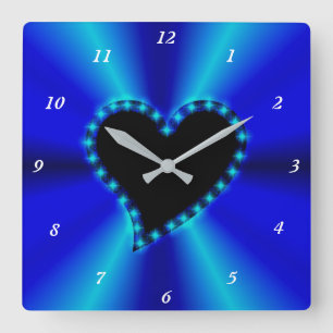 Black Heart with Stars on Blue Rainbow Square Wall Clock