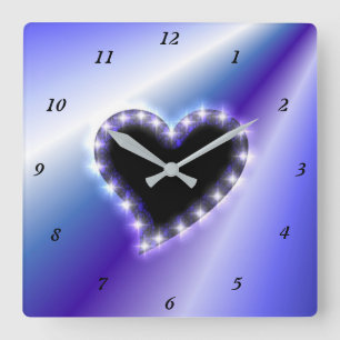 Black Heart with Stars on Pink Purple Rainbow Square Wall Clock