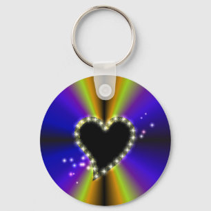 Black Heart with Stars on purple yellow Rainbow Keychain