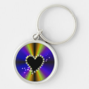 Black Heart with Stars on purple yellow Rainbow Keychain