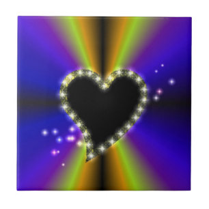 Black Heart with Stars on purple yellow Rainbow Tile