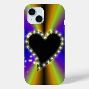 Black Heart with Stars on Rainbow iPhone 15 Case
