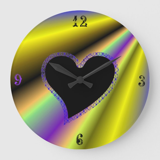 Black Heart with Stars on Rainbow Large Clock (Front)