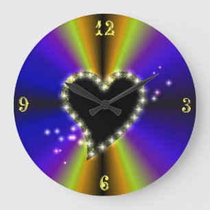 Black Heart with Stars on Rainbow Large Clock