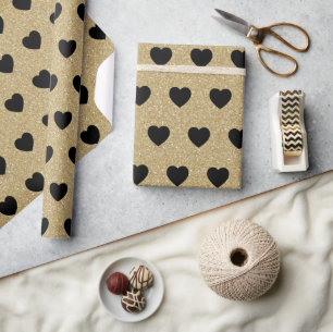 Black Hearts, Gold Glitter Sparkles Wrapping Paper