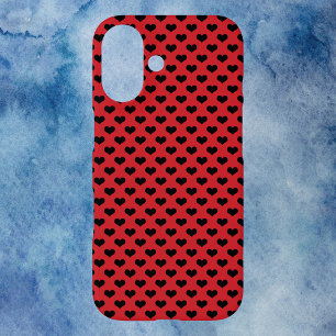 Black Hearts Pattern Red Background iPhone 16 Case
