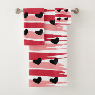 Black Hearts Red Pink Stripes Pattern Bath Towel Set