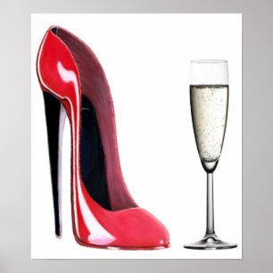 Black Heel Red Stiletto Shoe and Champagne Print