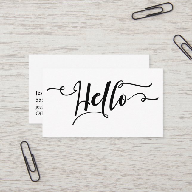 Black Hello Script Typography Over Editable White Business Card (Front/Back In Situ)
