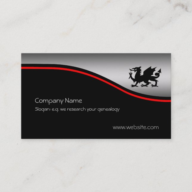 Black Heraldic Dragon, red swoosh, metallic-effect Business Card (Front)