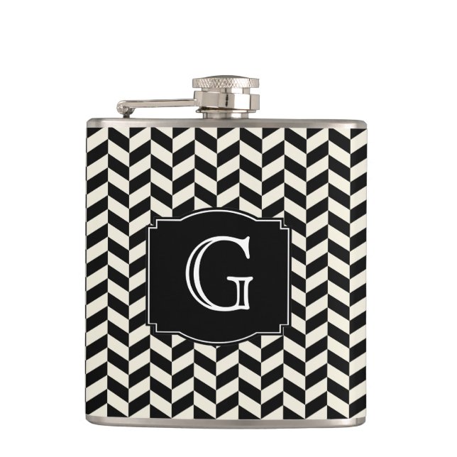 Black Herringbone Chevron Pattern with Monogram Hip Flask (Front)