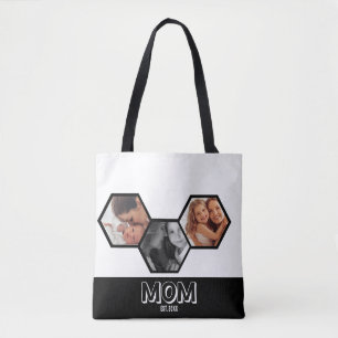 Black Hexagon Mom Established 3 Photo Tote Bag