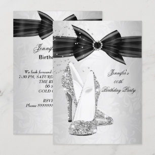 Black High Heel Shoe Silver Diamond Birthday Party Invitation